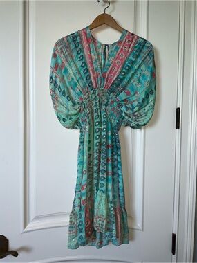 Smocked Teal and Pink Printed Midi Dress